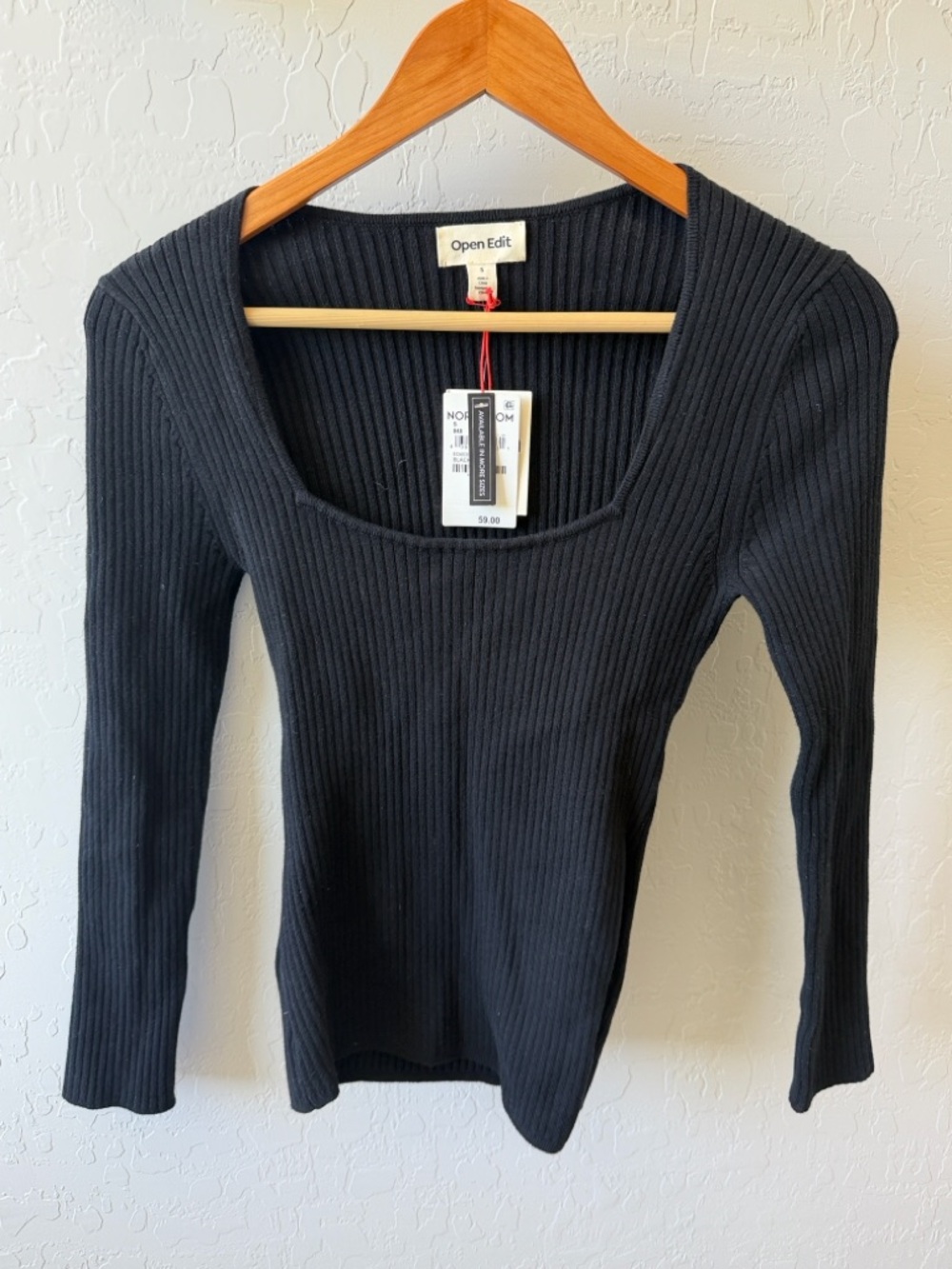 Open Edit Black Ribbed Square Neck Long Sleeve Top